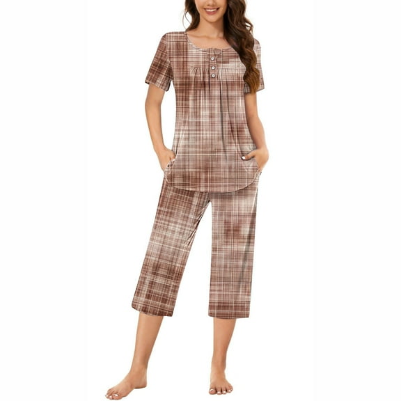 SCSAlgin Women's Round Neck Gradient Print Short Sleeve Sleepshirt And Pants Sets Loungewear Pajamas With Pockets