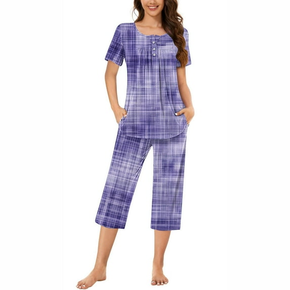 SCSAlgin Women's Round Neck Gradient Print Short Sleeve Sleepshirt And Pants Sets Loungewear Pajamas With Pockets