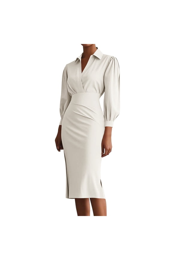Women's Ruched Bodycon Dress Long Sleeve Front Drape Patchwork Crew Neck Midi Cocktail Dress