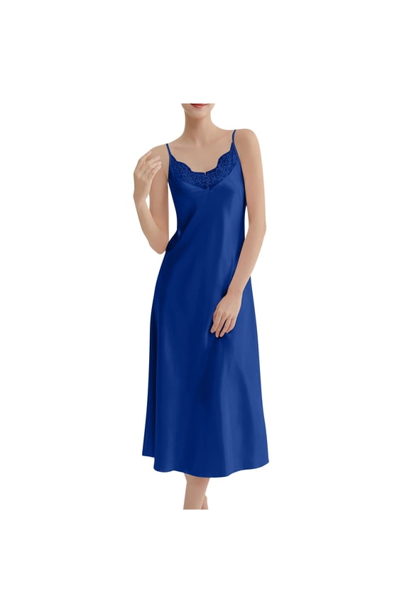 Women's Satin Nightgowns Sexy Lingerie Long Nightgowns Satin Silk Negligee V Neck Lace Chemise Sleepwear