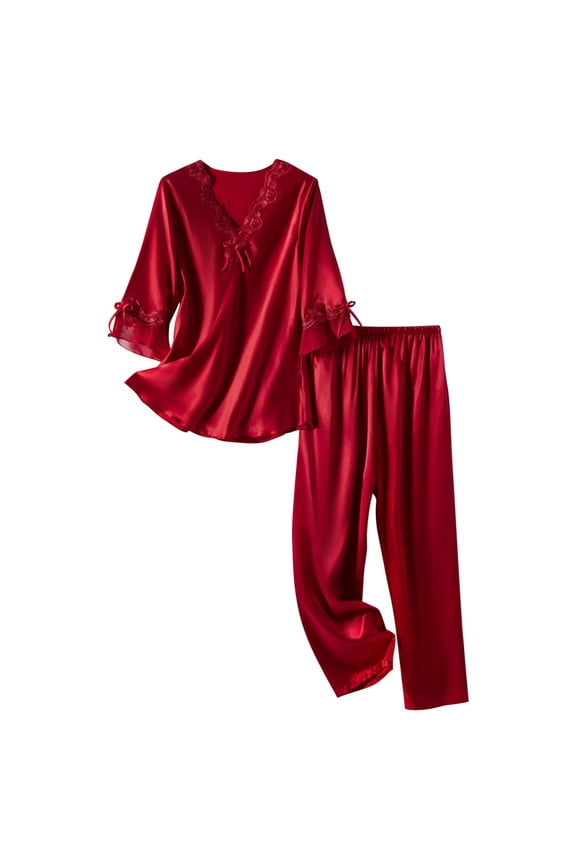 Women's Satin Pajama Set 3/4 Sleeve 2 Piece Pj V Neck Sleepwear Pants Ruffle Nightwear