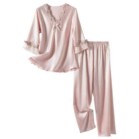 SCSAlgin Women's Satin Pajama Set 3/4 Sleeve 2 Piece Pj V Neck Sleepwear Pants Ruffle Nightwear