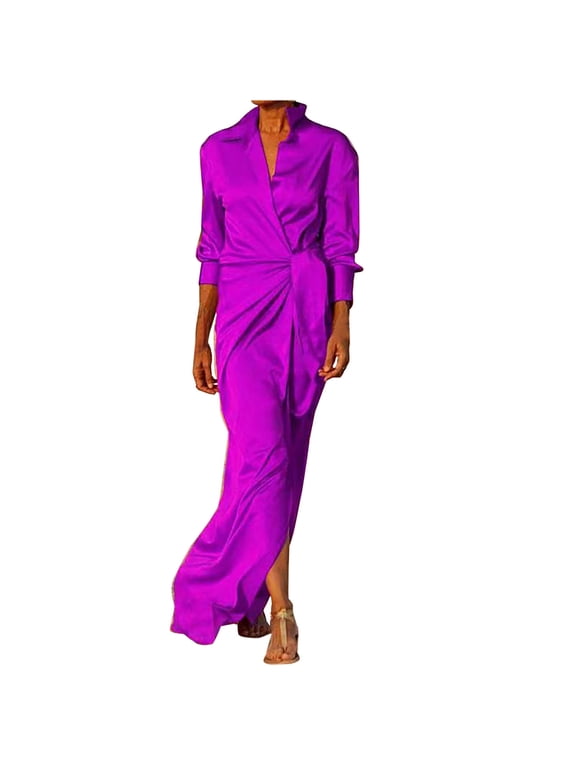 Women's Satin Silky Long Sleeve Laple V Neck Lace Up High Waist Side Split Floor Length Wrap Maxi Shirts Dress