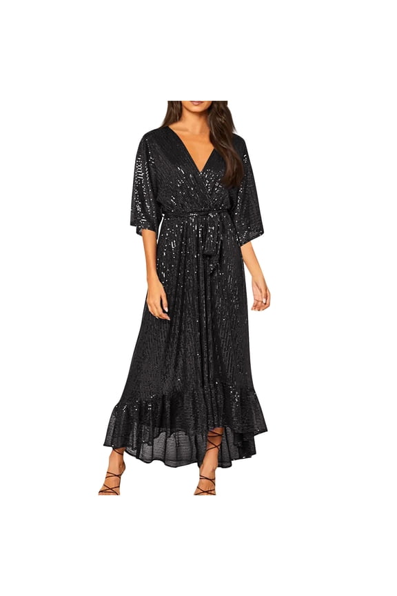 Women's Sequin Glitter 3/4 Sleeve Dress Sexy V Neck Dress Long Belt Elegant Maxi Wedding Party Dress