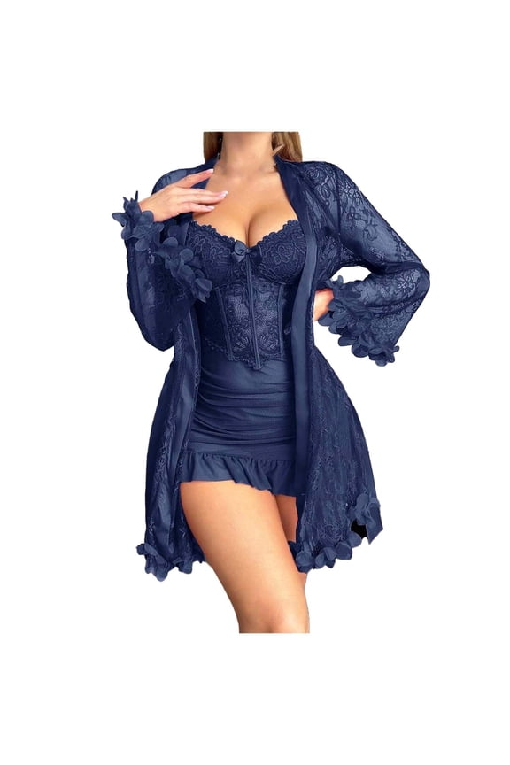 Women's Sexy Robe Set 2 Piece Pajamas Sets Lace Cami Nightgown with Kimono Robes Nightwear