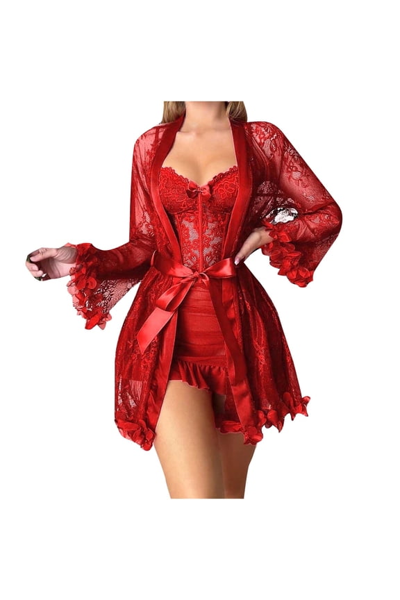Women's Sexy Robe Set 2 Piece Pajamas Sets Lace Cami Nightgown with Kimono Robes Nightwear