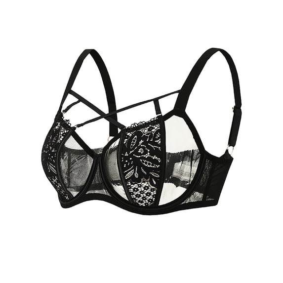 SCSAlgin Women's Sheer Mesh Bra Full Coverage Strappy Underwire Bras Unlined Sexy See Through Minimier Bra