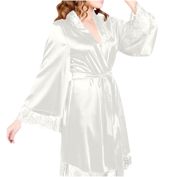 SCSAlgin Women's Silk Robe Short Sexy Lace Bride Party Satin Bathrobe Kimono Sleepwear