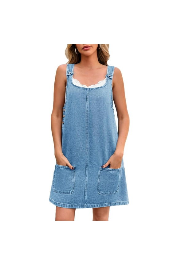 Women's Sleeveless Casual Denim Dress Crewneck Vintage Loose Jean Overall Dress with Pockets
