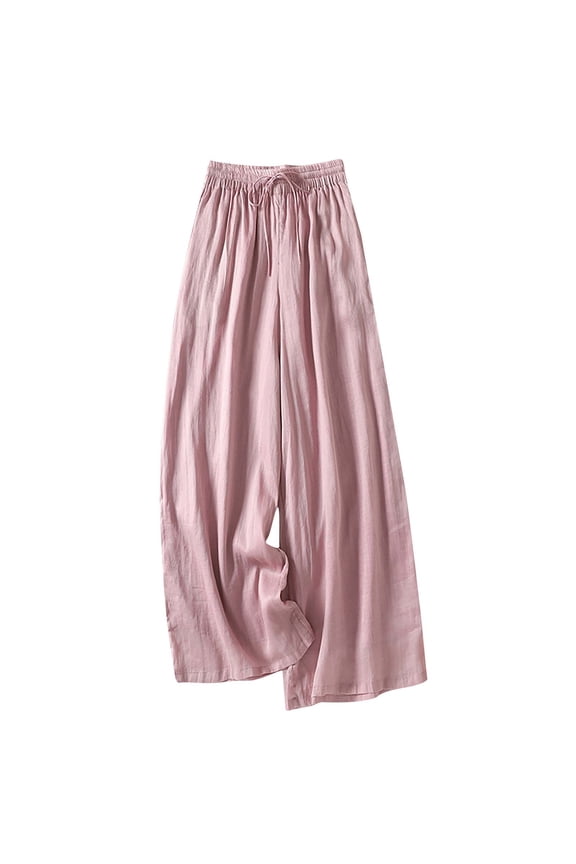 Women's Solid Color High Waist Breathable Double Layer Ramie Wide Leg Pants Loose Casual Pants