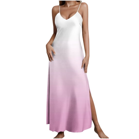 SCSAlgin Women's Summer Casual Gradient Printed Nightdress Sleeveless V-neck Split Strap Sleeping Dress