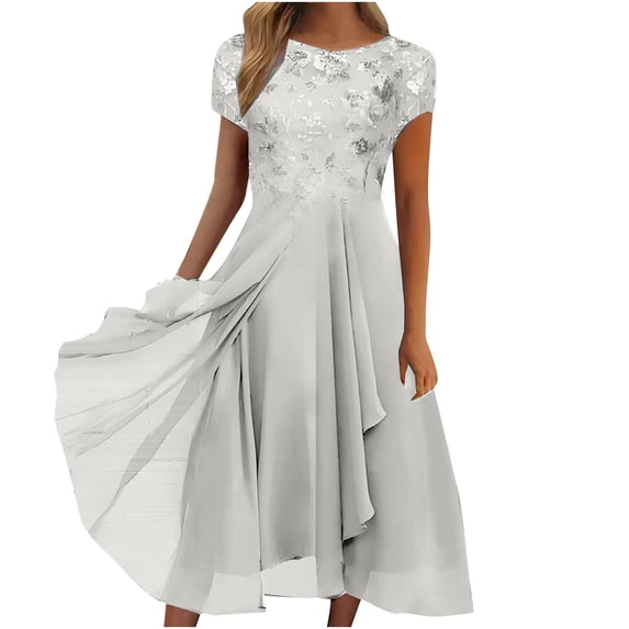 SCSAlgin Women's Summer Chiffon Lace Maxi Dresses Half Sleeve Elegant Flowy Formal Evening Wedding Guest Dress