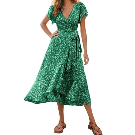 SCSAlgin Women's Summer Dresses 2023 V Neck Cap Sleeve Ruffle Hem Tie Waist Boho Floral Casual Maxi Dress