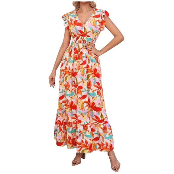 SCSAlgin Women's Summer Maxi Dress Casual Wrap Floral Boho Short Sleeve V Neck Ruffle Beach Long Dresses