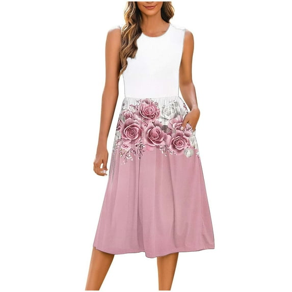 SCSAlgin Women's Summer Tank Midi Dress with Pockets Floral Sleeveless A-Line Casual Loose Dresses Beach Sundress 2025