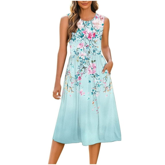 SCSAlgin Women's Summer Tank Midi Dress with Pockets Floral Sleeveless A-Line Casual Loose Dresses Beach Sundress 2025