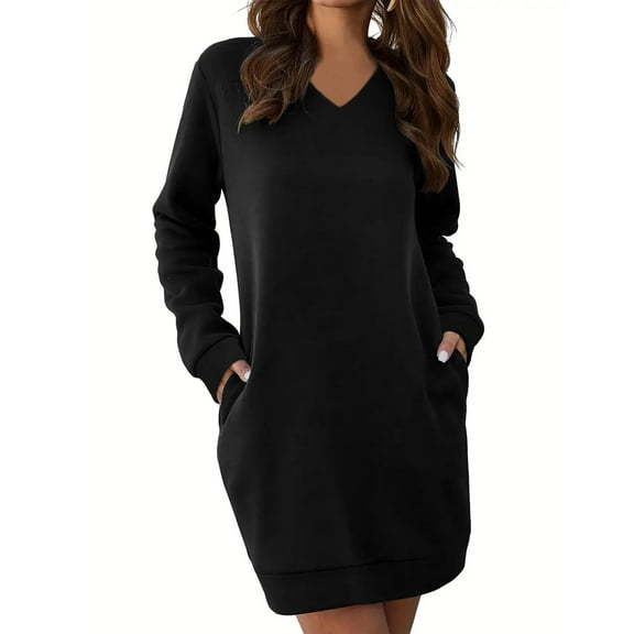 SCSAlgin Women's Sweatshirt Dress V Neck Long Sleeve Loose Fit Mini Sweat Shirt Dress with Pockets