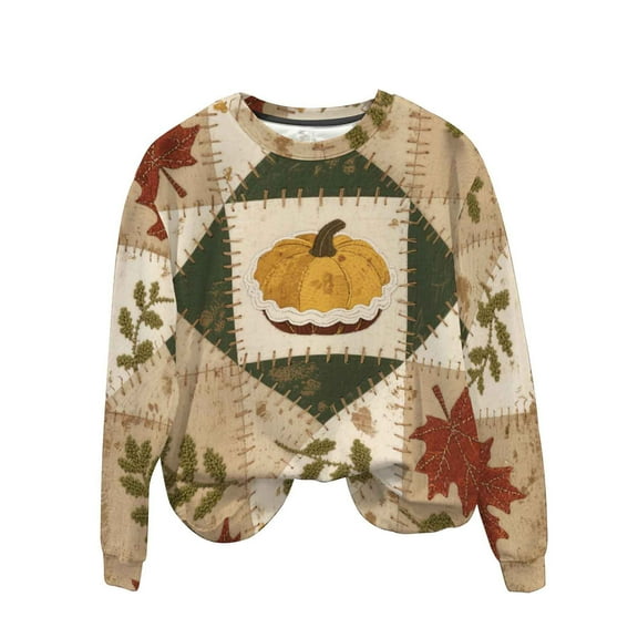 SCSAlgin Women's Thanksgiving Splice Vintage Printed Round-neck Casual Sporty Long-sleeved Fleece Sweatshirt Tops