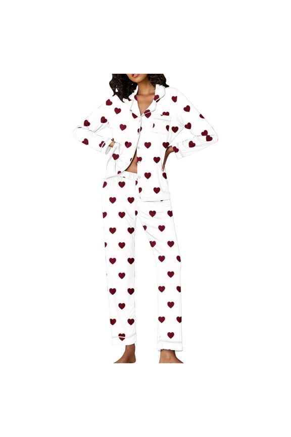 Women's Valentine's Day Pajama Set Hearts Print Long Sleeve Sleepwear Loungewear Pjs Set Nightwear
