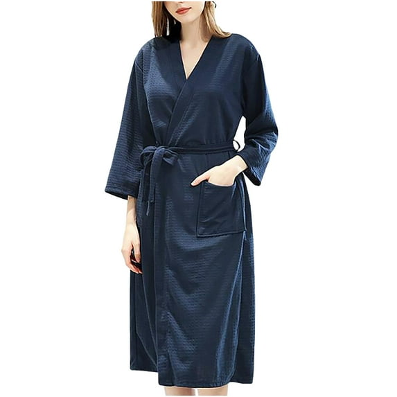 SCSAlgin Women's Waffle Bathrobe Soft Lightweight Solid Color Kimono Bath Robe Knee Length Sleeping Cozy Weave