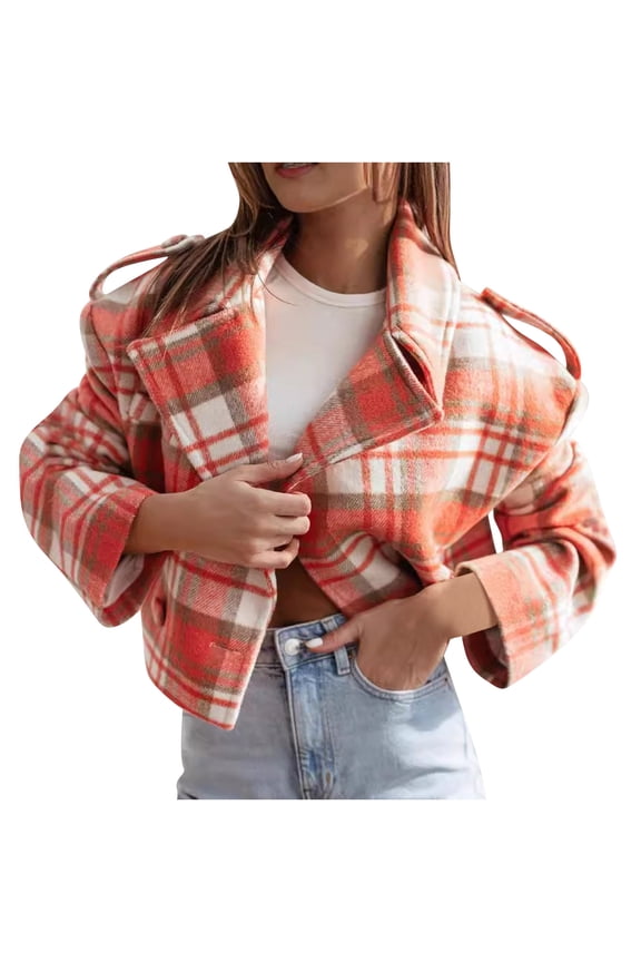 Women's Winter Double Breasted Plaid Wool Blazer Jacket Business Short Wool Pea Coat