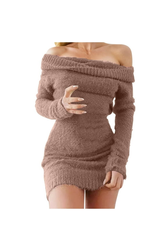 Womens 2024 Fall Winter Off Shoulder Sexy Bodycon Sweater Dress Long Sleeve Slim Fit Party Club Mini Dresses