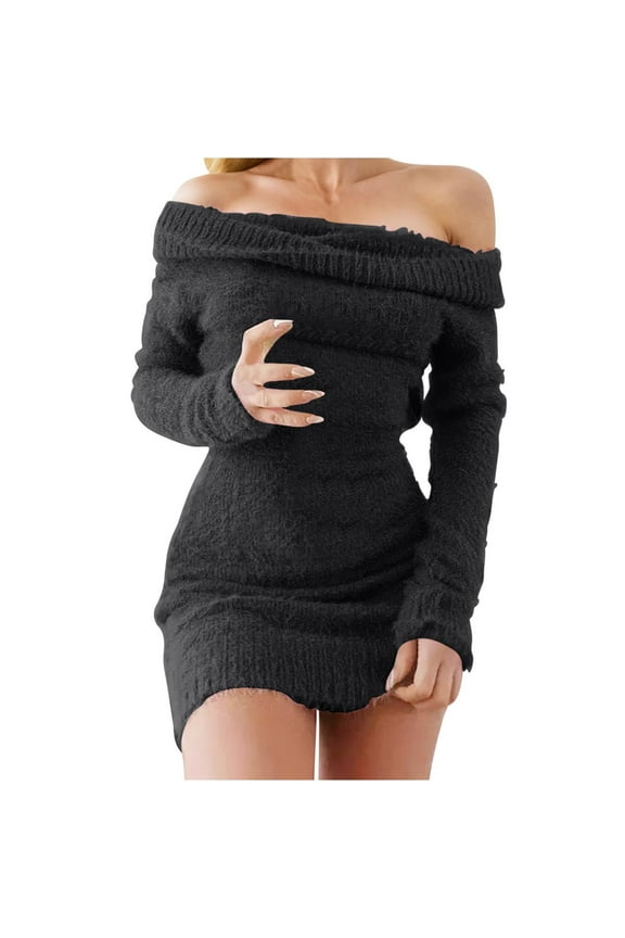Womens 2024 Fall Winter Off Shoulder Sexy Bodycon Sweater Dress Long Sleeve Slim Fit Party Club Mini Dresses