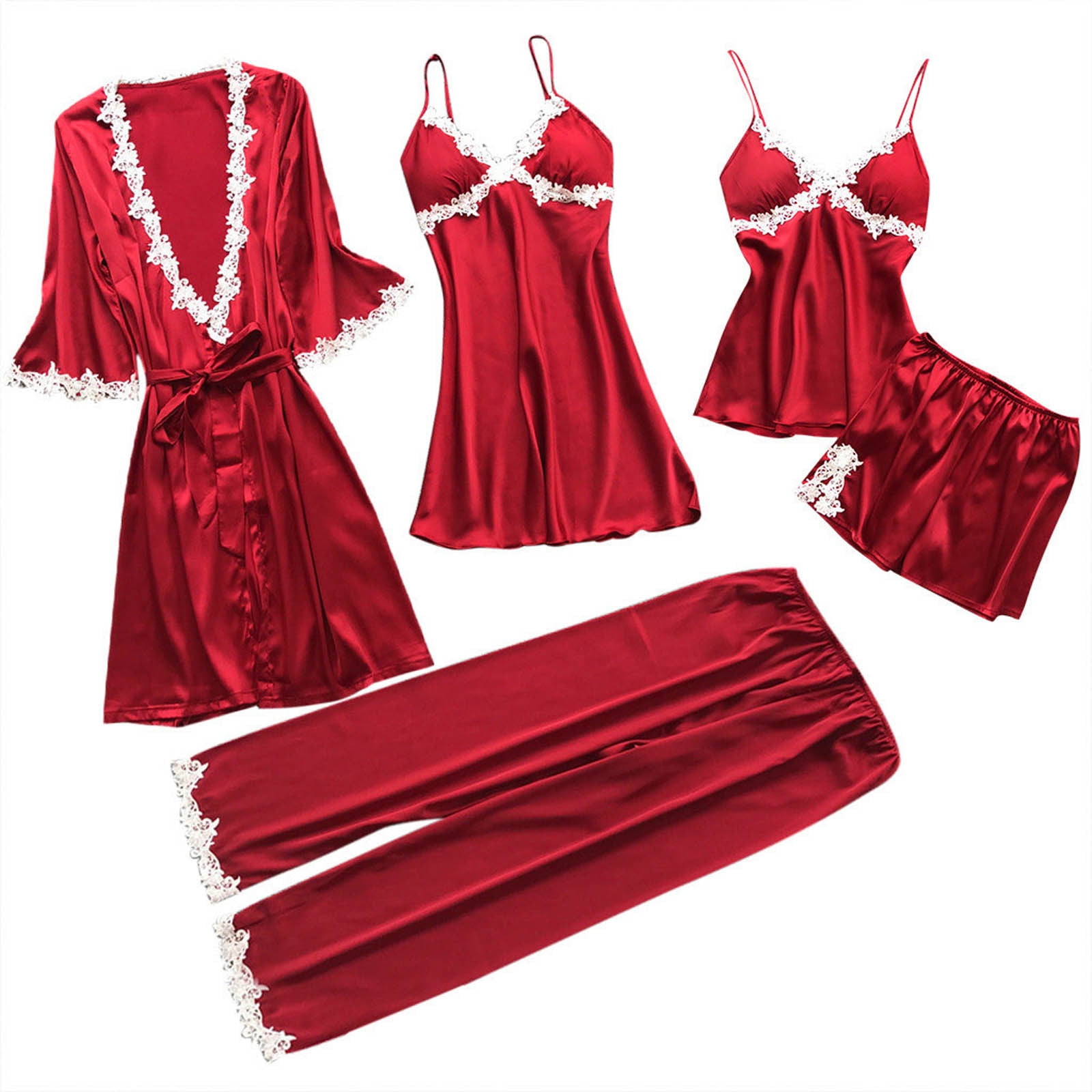 Pyjama Femme Satin Avec Dentelle - Manches Courtes, Col V - Tenue De Nuit Longue Et élégante