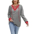 thumbnail image 1 of SCSAlgin Womens Casual Striped Lace Up Tops Long Sleeve Crew Neck Drop Shoulder Basic T Shirts, 1 of 7
