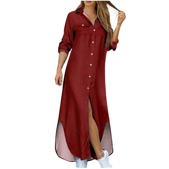 SCSAlgin Womens Chic Button Down Dress Rolled-Up Long Sleeve V Neck Cotton Slit Shirt Dresses Blouse Maxi Dress