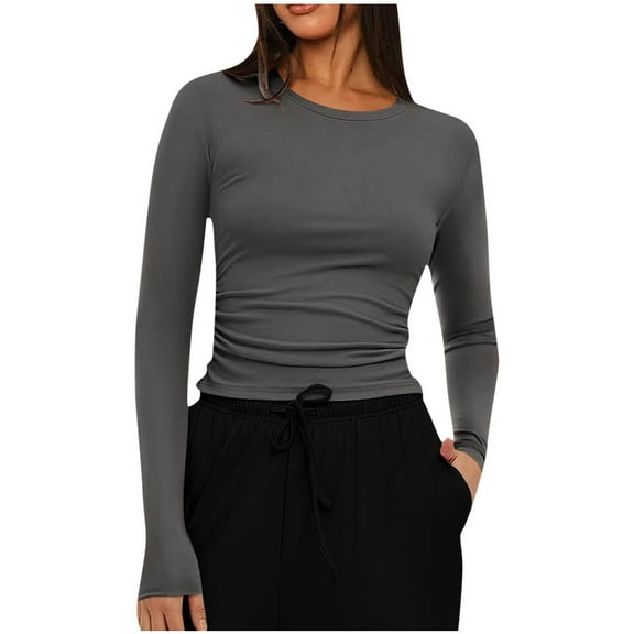 SCSAlgin Womens Crewneck Long Sleeve Shirt Double Lined Basic Tees Side Ruched Going Out Crop Tops