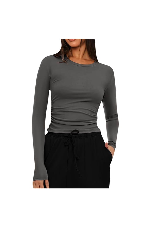 Womens Crewneck Long Sleeve Shirt Double Lined Basic Tees Side Ruched Going Out Crop Tops