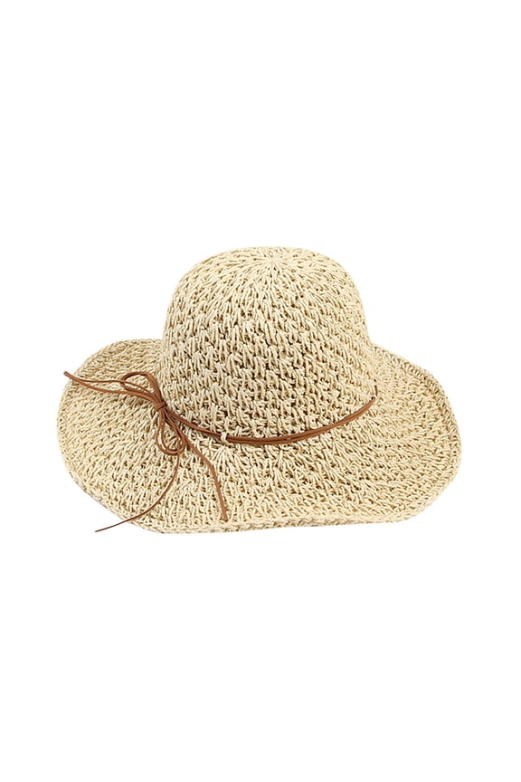 Womens Crochet Straw Hat Wide Brim Summer Beach Sunhat Foldable Floppy Fedora Hat