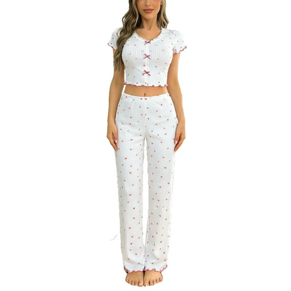 SCSAlgin Womens Cute Short Sleeve Pajama Set Summer Ribbed Crop Tops and Pants 2 Piece Lounge Sets