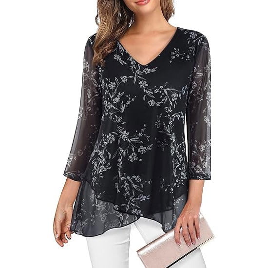 SCSAlgin Womens Dressy 3/4 Sleeve Tunic Tops Asymmetric Hem Blouses Lightweight Mesh Shirt
