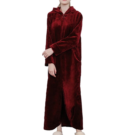 SCSAlgin Womens Fleece Housecoat Zipper Robe Plush Warm Zip Up Front Hooded Full Length Housecoat Sleepwear