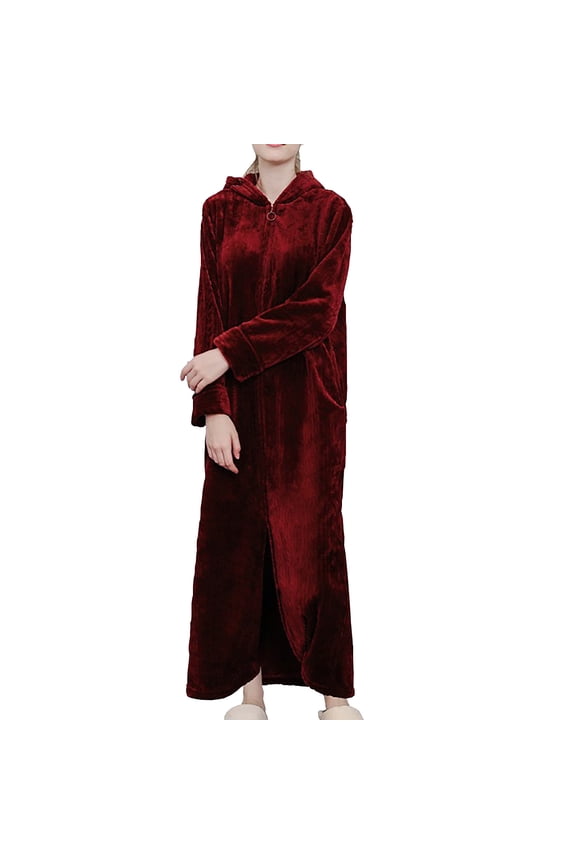 Womens Fleece Housecoat Zipper Robe Plush Warm Zip Up Front Hooded Full Length Housecoat Sleepwear