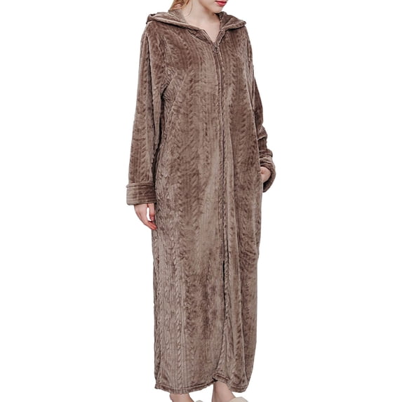 SCSAlgin Womens Fleece Housecoat Zipper Robe Plush Warm Zip Up Front Hooded Full Length Housecoat Sleepwear