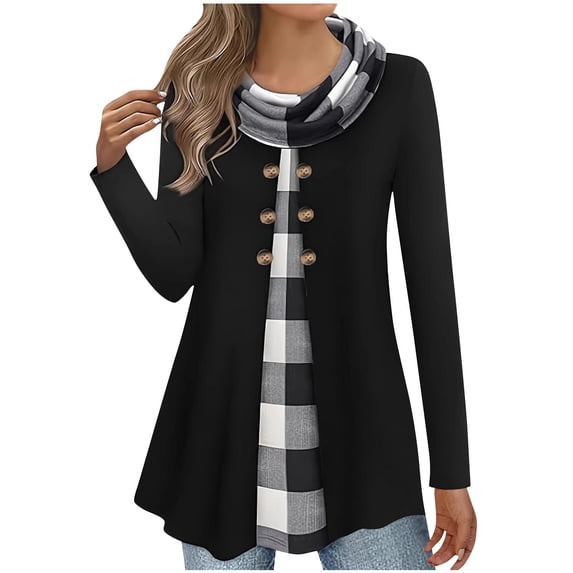 SCSAlgin Womens Long Sleeve Cowl Neck Warm Splicing Tunic Tops with Buttons