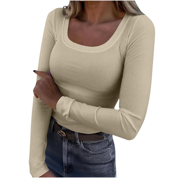 SCSAlgin Womens Long Sleeve Scoop Neck Ribbed Knit Fitted Casual Tops Tee Slim Basic Shirts