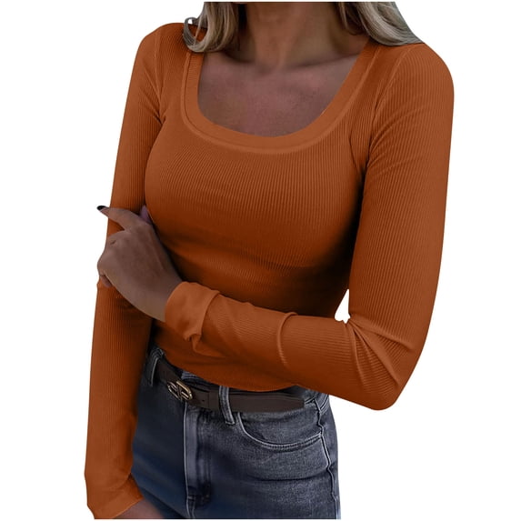 SCSAlgin Womens Long Sleeve Scoop Neck Ribbed Knit Fitted Casual Tops Tee Slim Basic Shirts