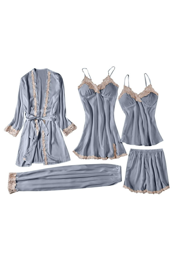 Womens Pajama Sets 5PCS Silk Pajamas for women Cute Sleepwear Loungewear Satin Pajamas Sets