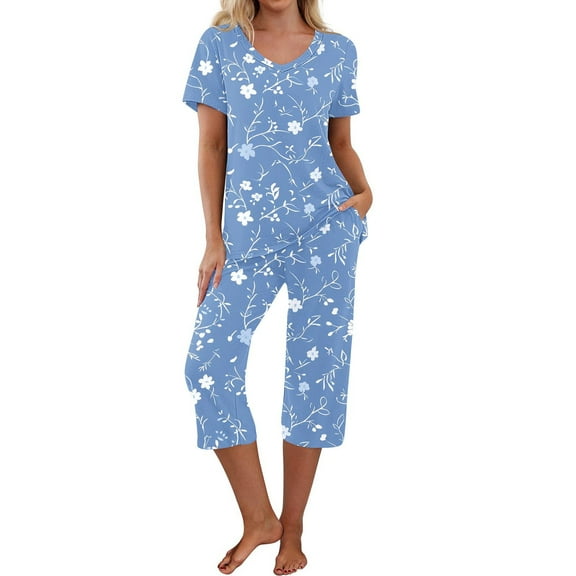 SCSAlgin Womens Pajamas Loungwear 2 Pieces Lounge Sets Soft Short Sleeve Shirt and Capris with Pockets Nightwear