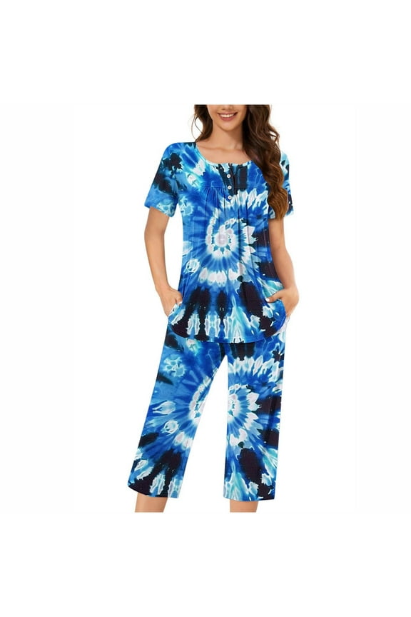 Womens Pajamas Loungwear 2 Pieces Lounge Sets Soft Short Sleeve Shirt and Capris with Pockets Summer Nightwear