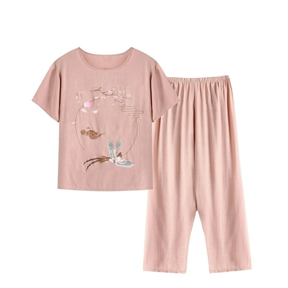 SCSAlgin Womens Pajamas Sets Casual Short Sleeve Tops and Pants Loose Floral Print Soft Sleepwear Lounge Sets