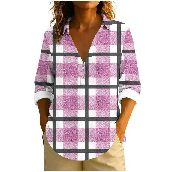 SCSAlgin Womens Plaid Shirts Dressy Cuffed Long Sleeve Tops Casual Loose Work Blouses