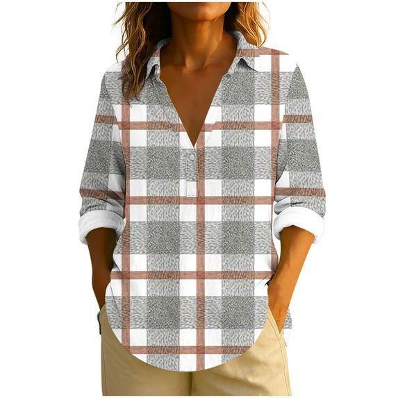 SCSAlgin Womens Plaid Shirts Dressy Cuffed Long Sleeve Tops Casual Loose Work Blouses