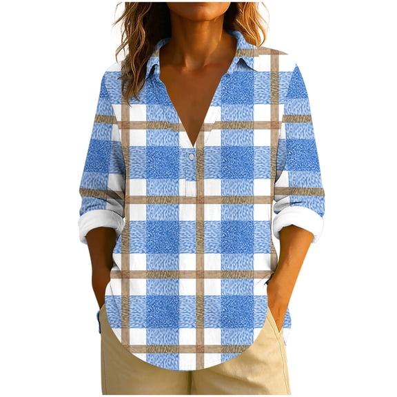 SCSAlgin Womens Plaid Shirts Dressy Cuffed Long Sleeve Tops Casual Loose Work Blouses