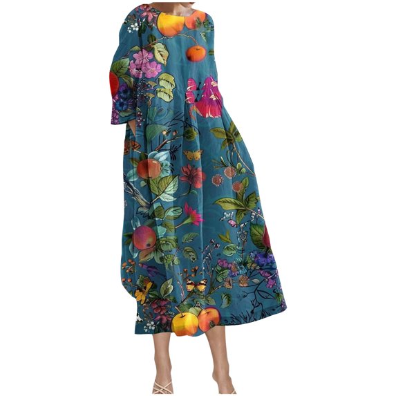 SCSAlgin Womens Plus Size Floral Print Dress Casual Long Sleeve Empire Waist Dresses Loose Swing Midi Dress with Pockets