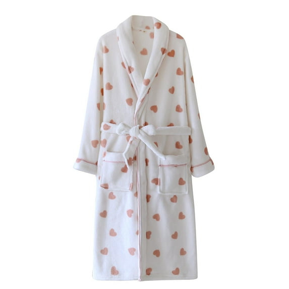 SCSAlgin Womens Plush Fleece Robe Heart Print Shawl Collar Bathrobe Long Fleece Belt Kimono Spa Robe Warm Loungewear